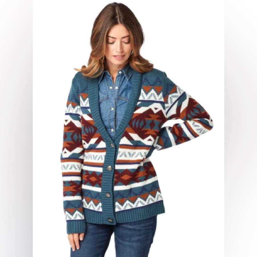 Wrangler Retro Americana Aztec Southwestern Knit Cardigan Sweater Medium